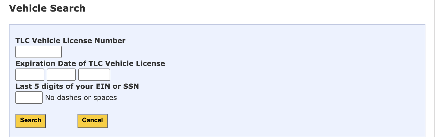 The Vehicle Search form. Enter carefully — three wrong attempts locks you out for an hour.