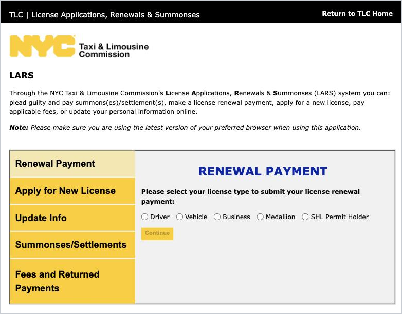 Select “Vehicle” — not “Driver” — to renew the vehicle license attached to your plates.