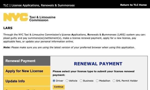 Select “Driver,” then click Continue, to renew your personal TLC driver license rather than a vehicle.