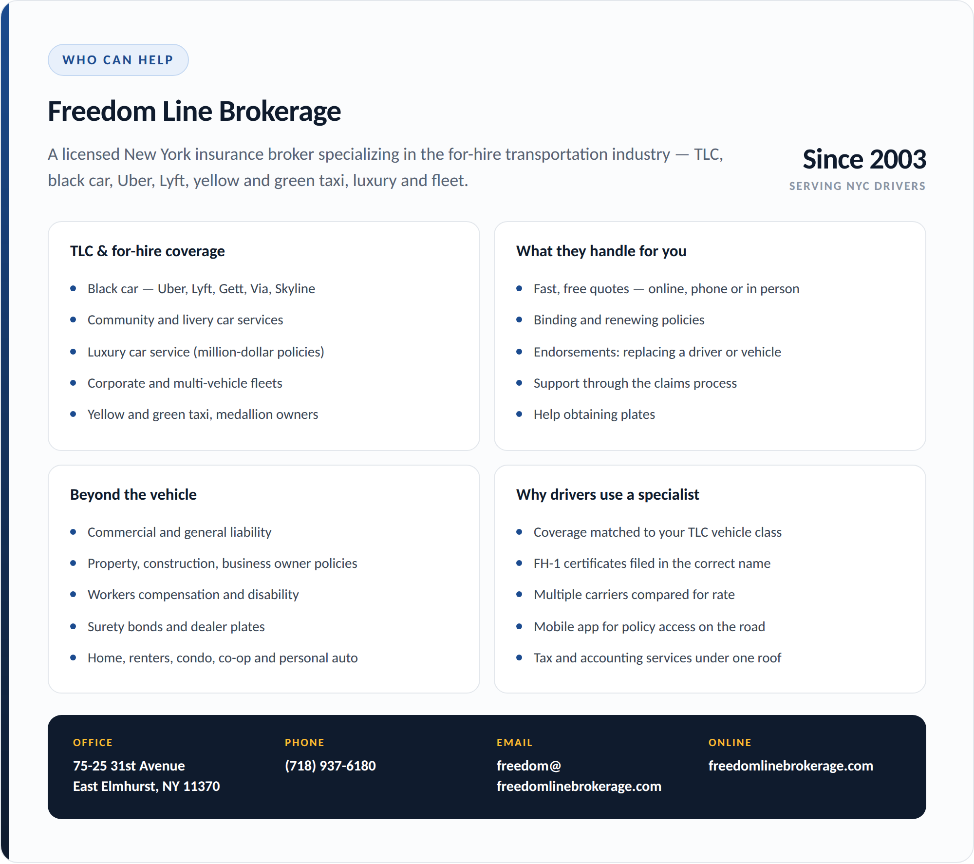 Freedom Line Brokerage at a glance — 75-25 31st Avenue, East Elmhurst, NY 11370 · (718) 937-6180 · freedomlinebrokerage.com