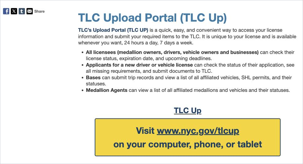 TLC UP also shows your license status, expiration date and any upcoming deadlines.